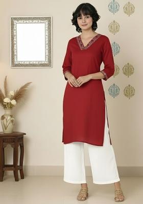 Red Embroidered Rayon Straight Kurta Set