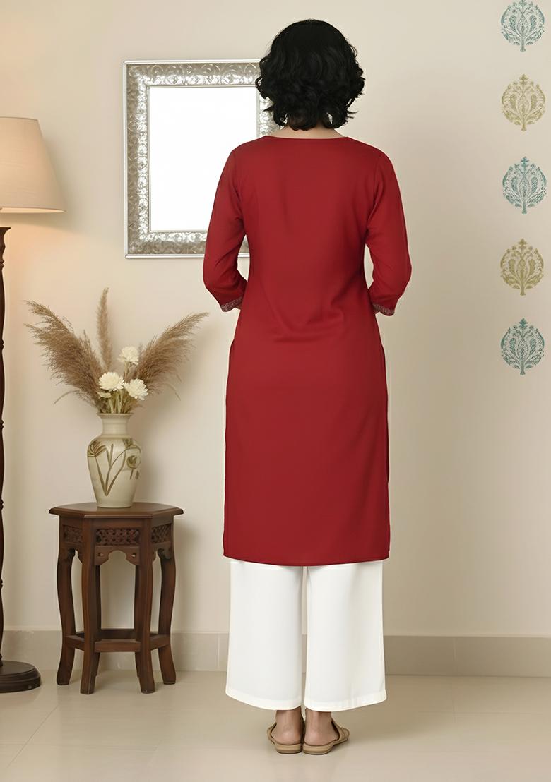 Red Machine Embroidery Rayon Kurta Set - Indya