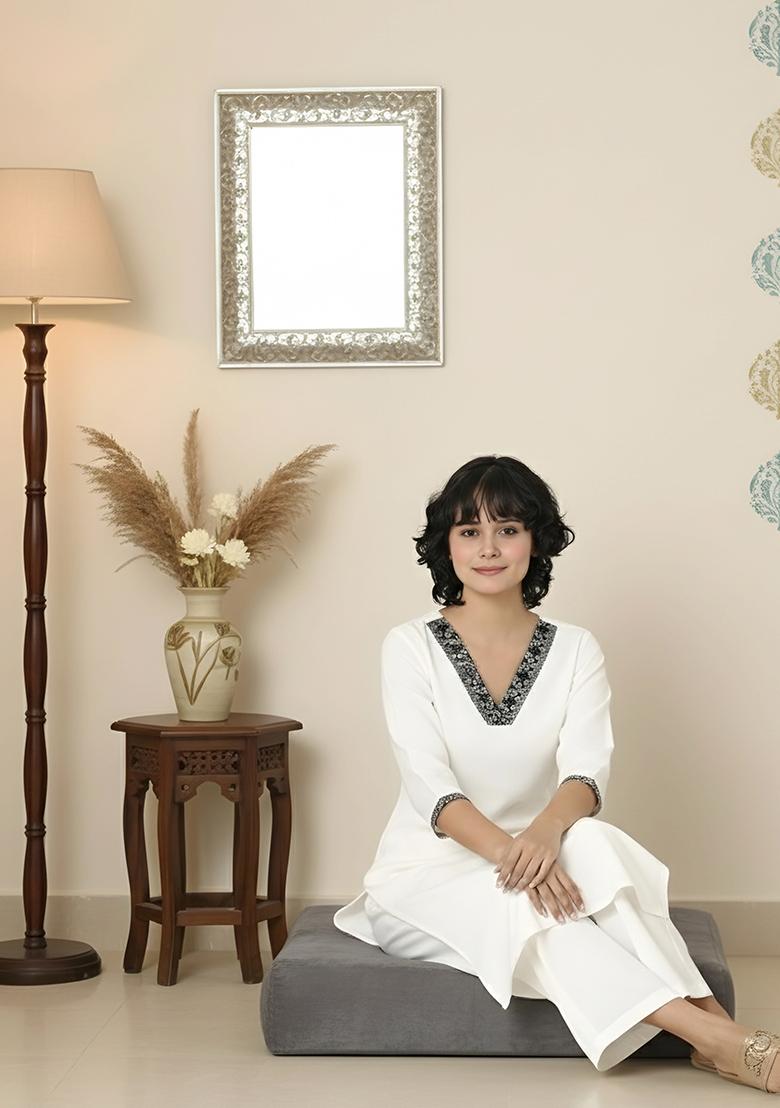 White Machine Embroidery Rayon Kurta Set - Indya