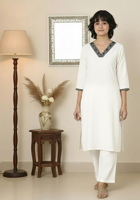 White Machine Embroidery Rayon Kurta Set