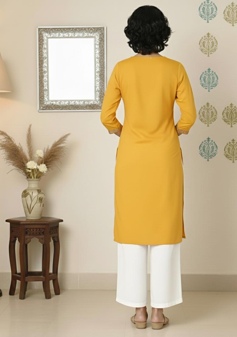 Yellow Machine Embroidery Rayon Kurta Set - Indya
