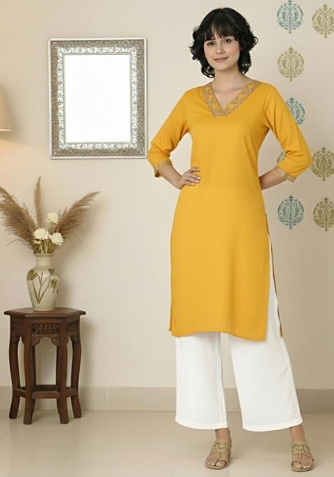 Yellow Machine Embroidery Rayon Kurta Set