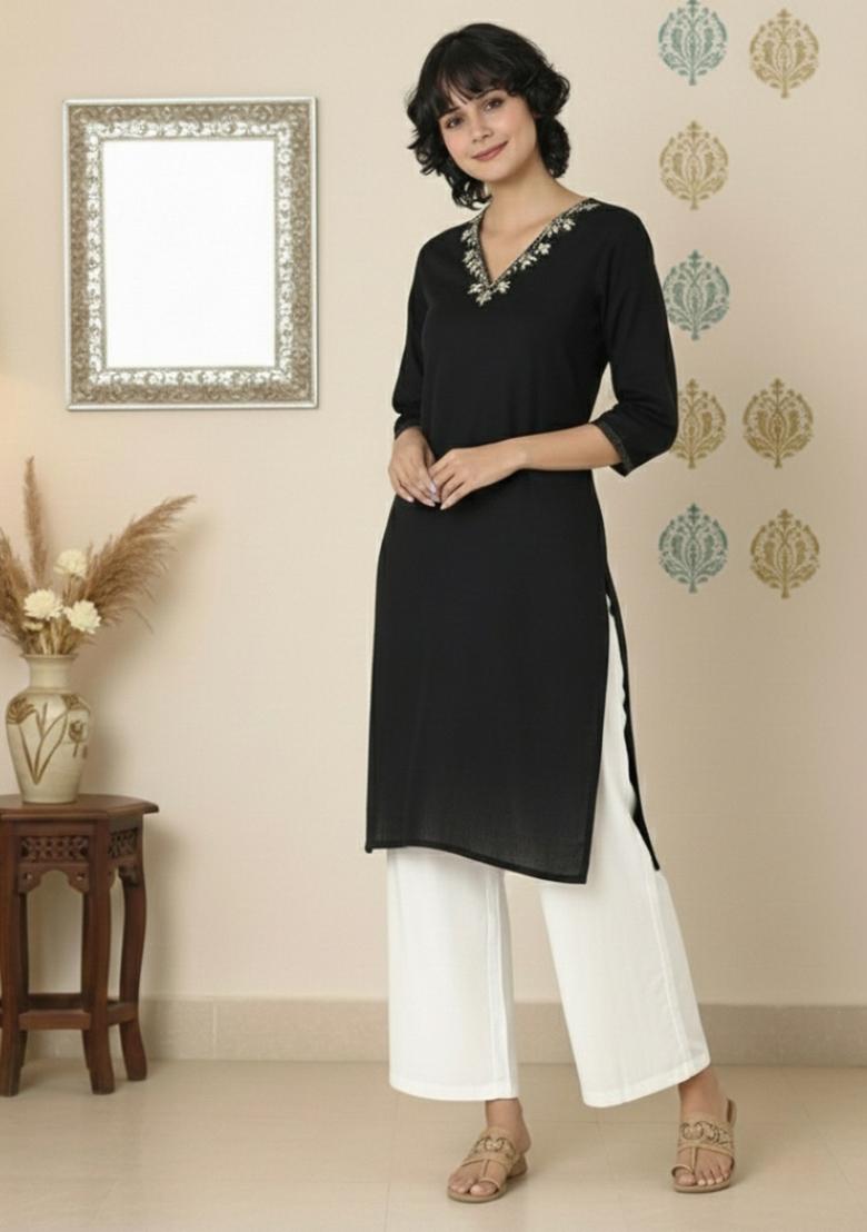 Black Machine Embroidery Rayon Kurta Set - Indya