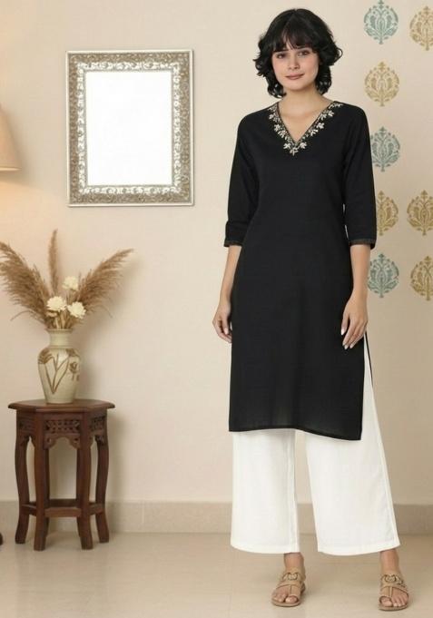 Black Machine Embroidery Rayon Kurta Set
