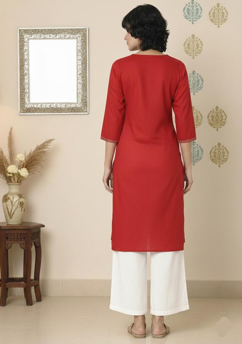 Red Machine Embroidery Rayon Kurta Set - Indya