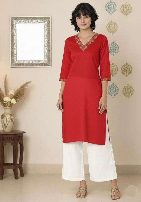Red Machine Embroidery Rayon Kurta Set