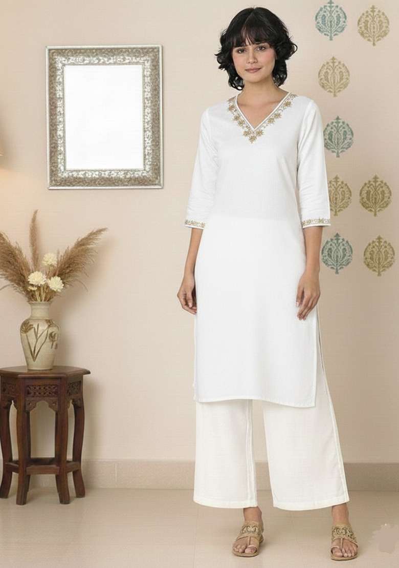 White Embroidered Rayon Straight Kurta Set - Indya