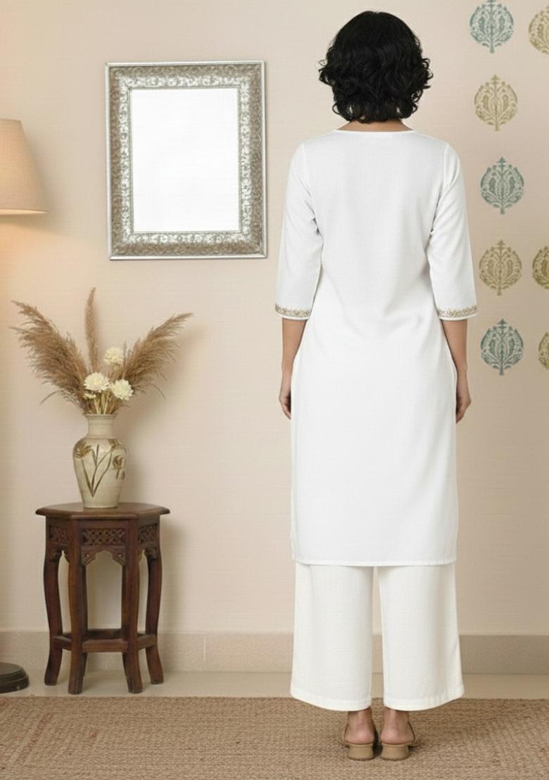 White Machine Embroidery Rayon Kurta Set - Indya