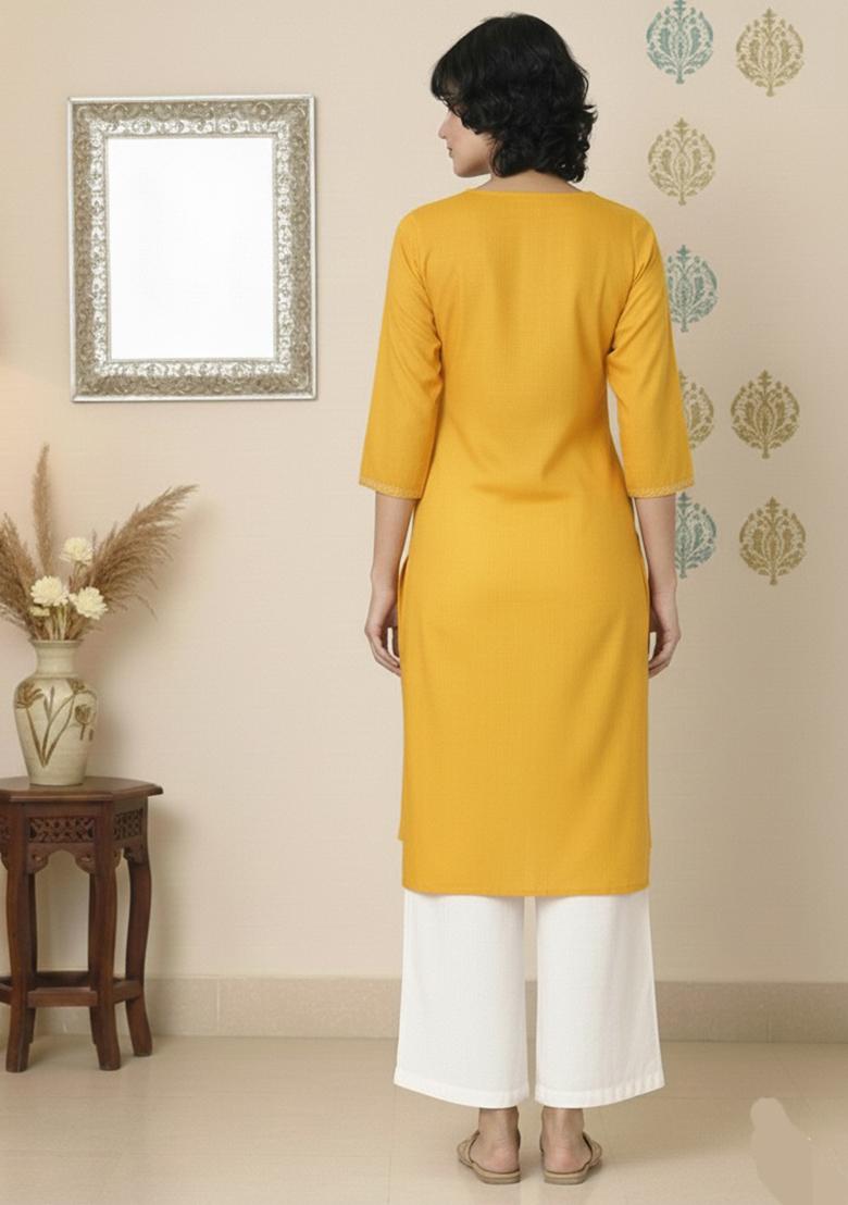 Yellow Machine Embroidery Rayon Kurta Set - Indya
