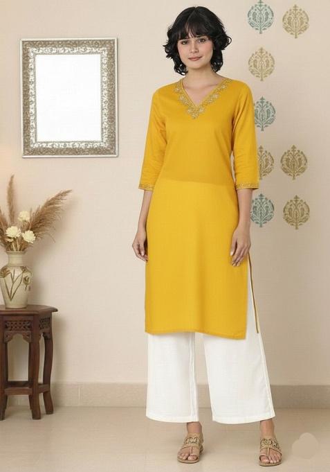 Yellow Machine Embroidery Rayon Kurta Set