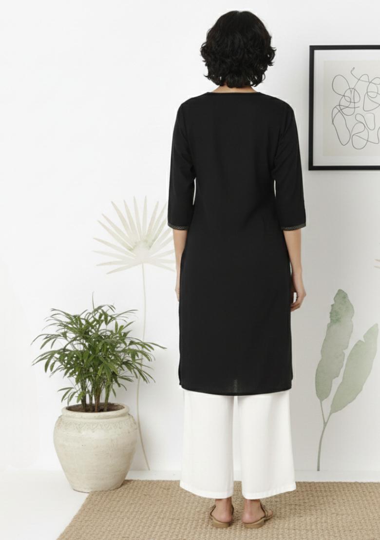 Black Machine Embroidery Rayon Kurta Set - Indya