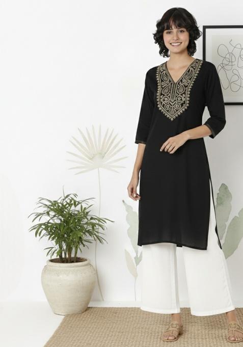 Black Machine Embroidery Rayon Kurta Set
