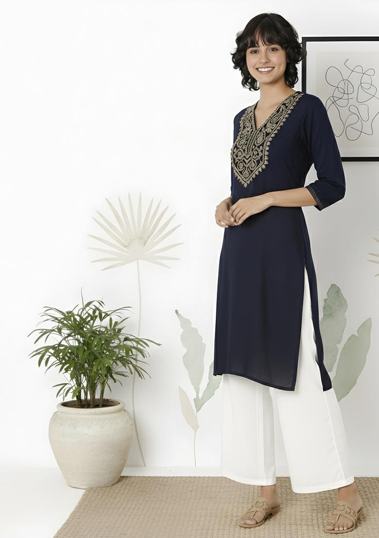 Navy Machine Embroidery Rayon Kurta Set - Indya