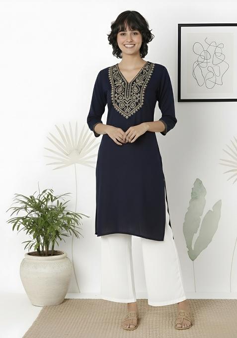 Navy Machine Embroidery Rayon Kurta Set