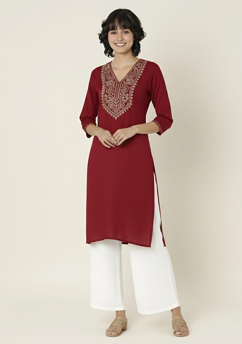 Red Machine Embroidery Rayon Kurta Set - Indya