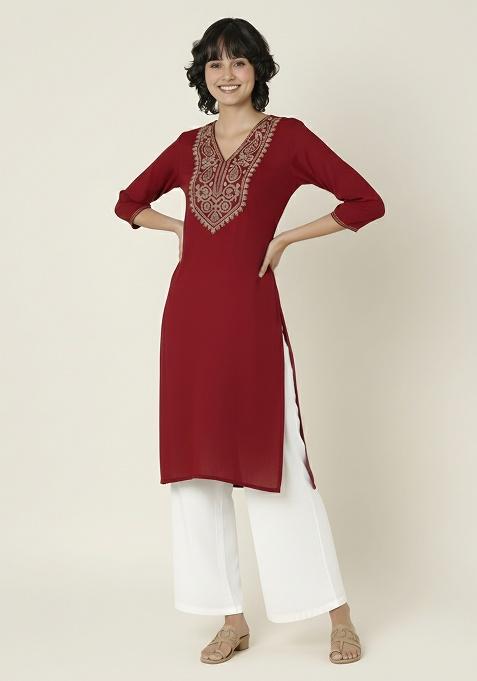 Red Machine Embroidery Rayon Kurta Set