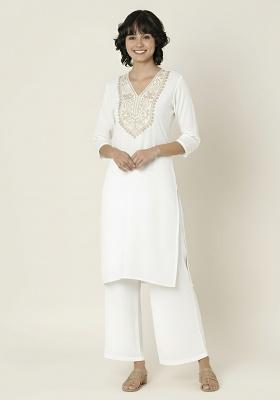 White Machine Embroidery Rayon Kurta Set