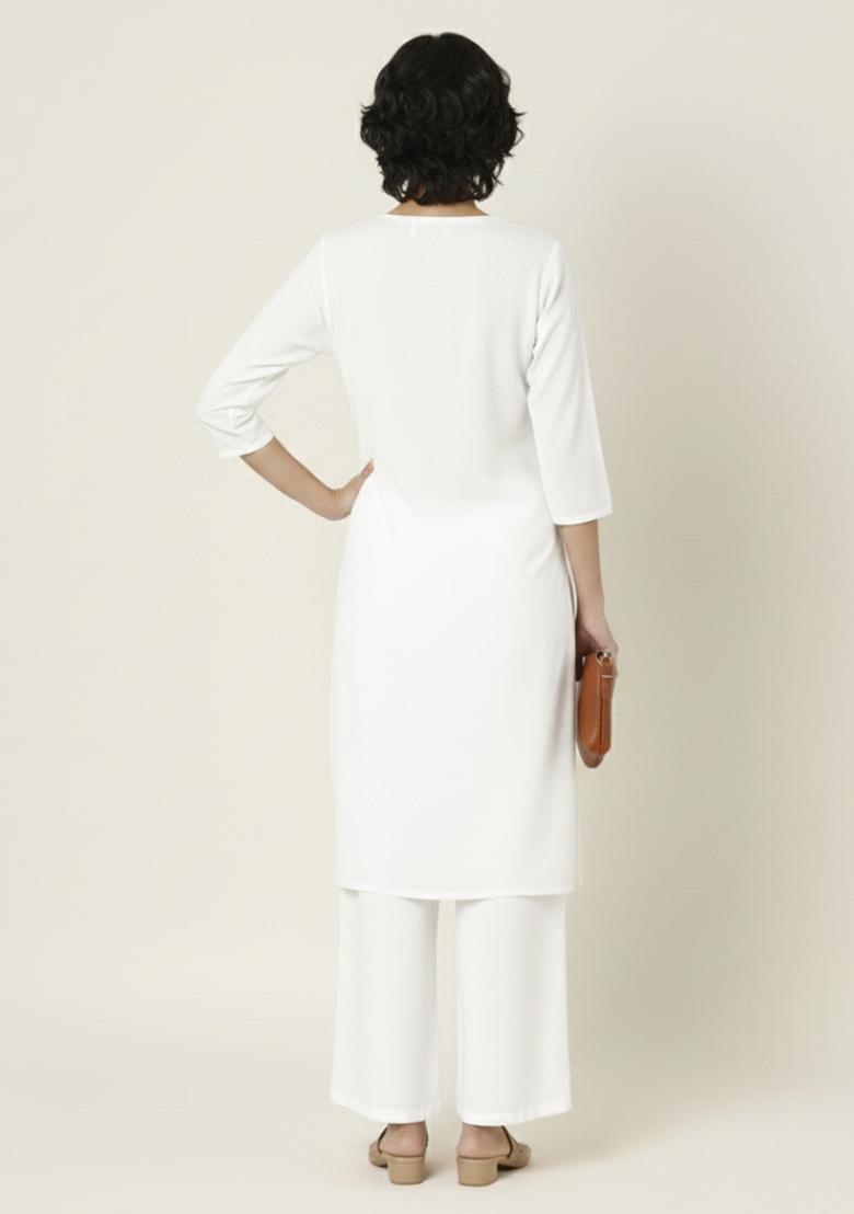 White Machine Embroidery Rayon Kurta Set - Indya