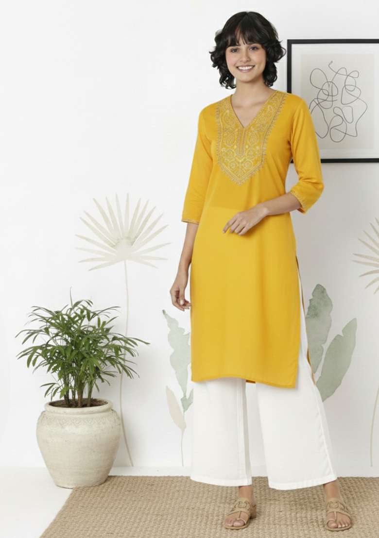 Yellow Embroidered Rayon Kurta Set - Indya