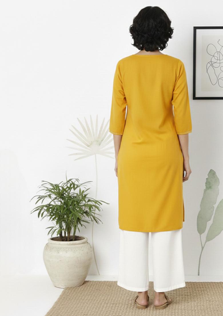 Yellow Machine Embroidery Rayon Kurta Set - Indya