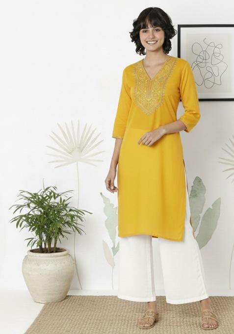 Yellow Machine Embroidery Rayon Kurta Set