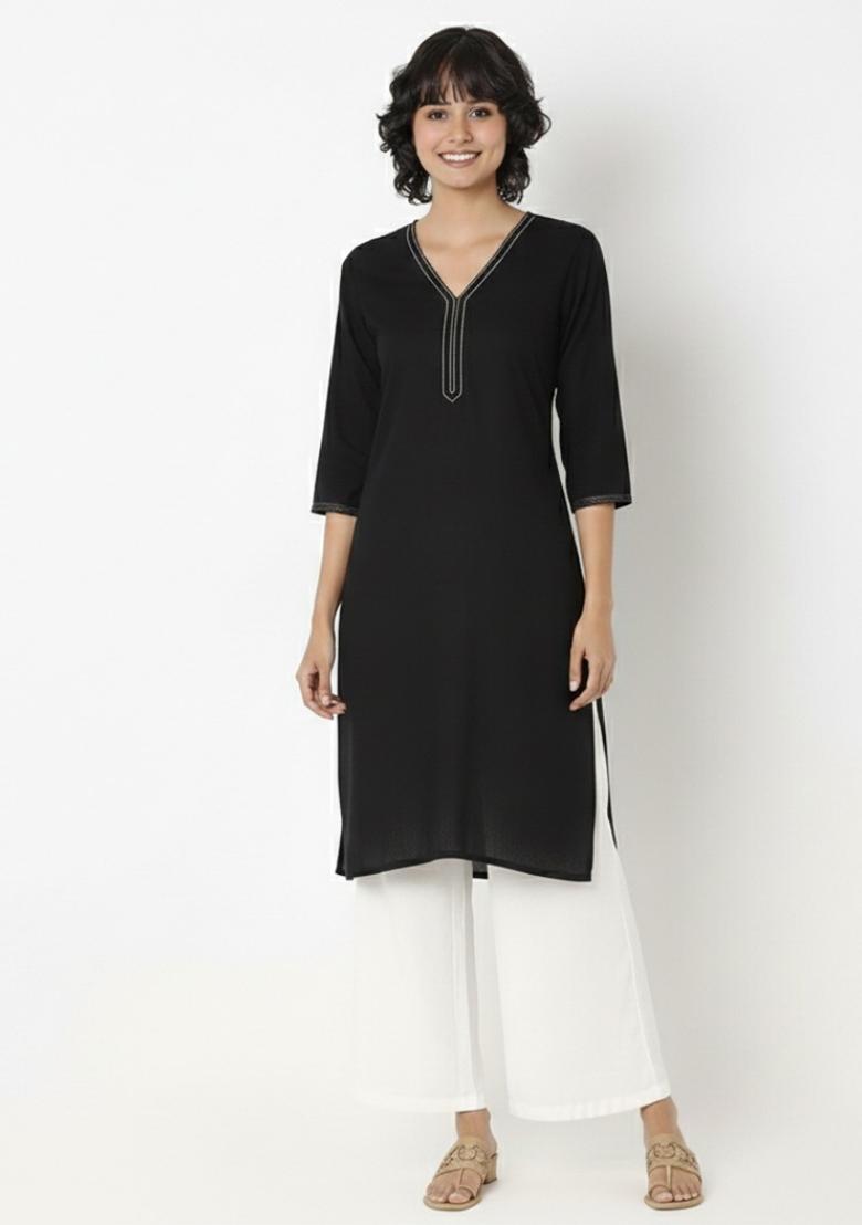 Black Machine Embroidery Rayon Kurta Set - Indya