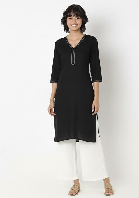 Black Machine Embroidery Rayon Kurta Set