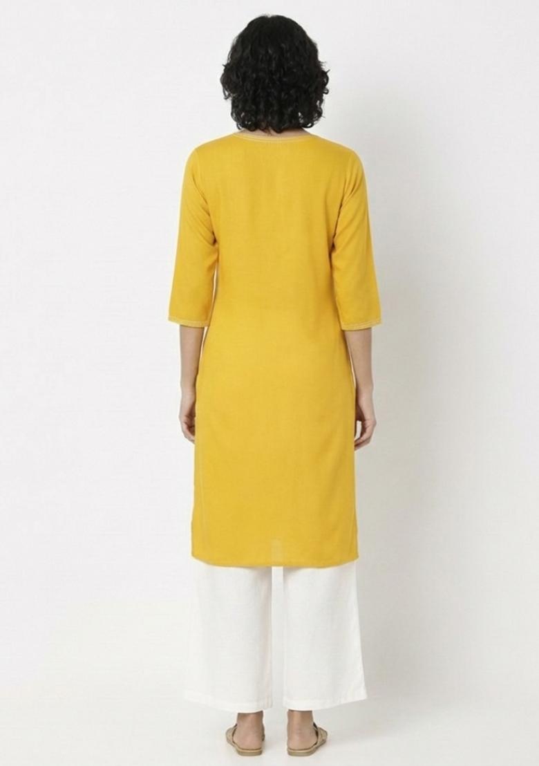 Yellow Machine Embroidery Rayon Kurta Set - Indya
