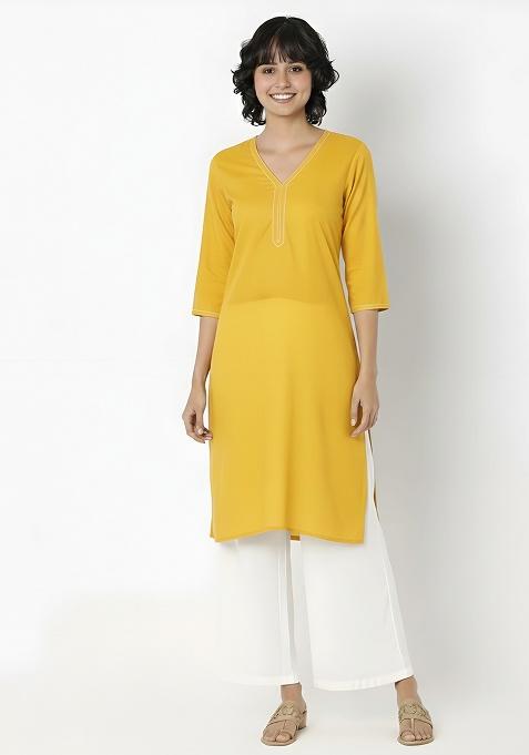 Yellow Machine Embroidery Rayon Kurta Set