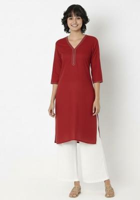 Red Solid Rayon Straight Kurta Set