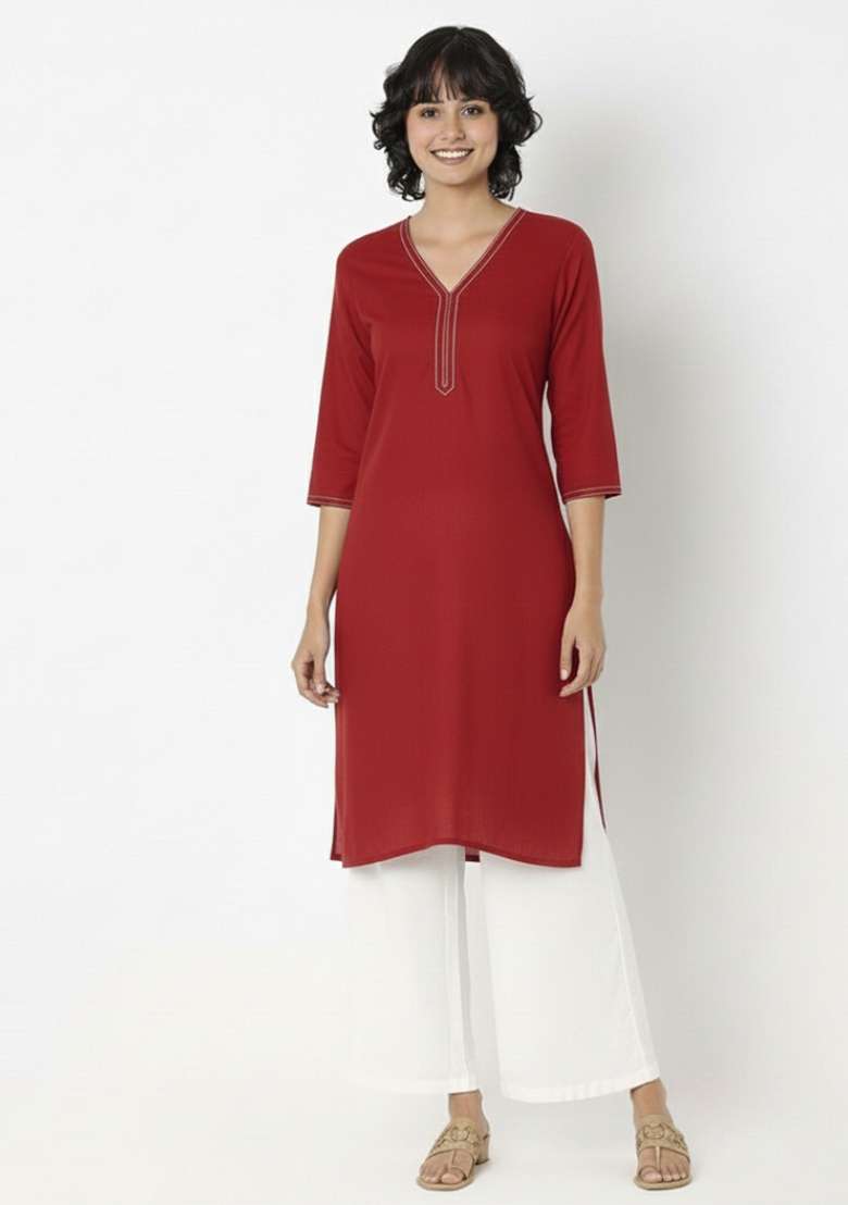 Red Solid Rayon Straight Kurta Set - Indya