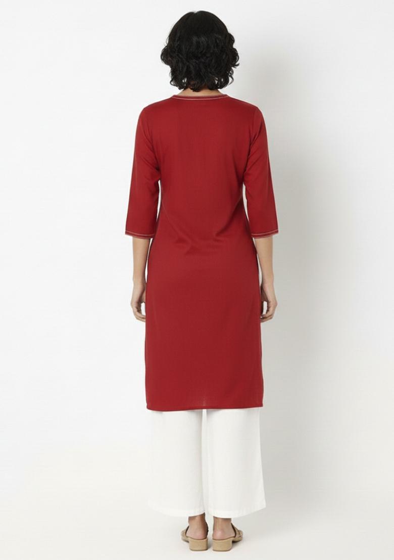 Red Machine Embroidery Rayon Kurta Set - Indya