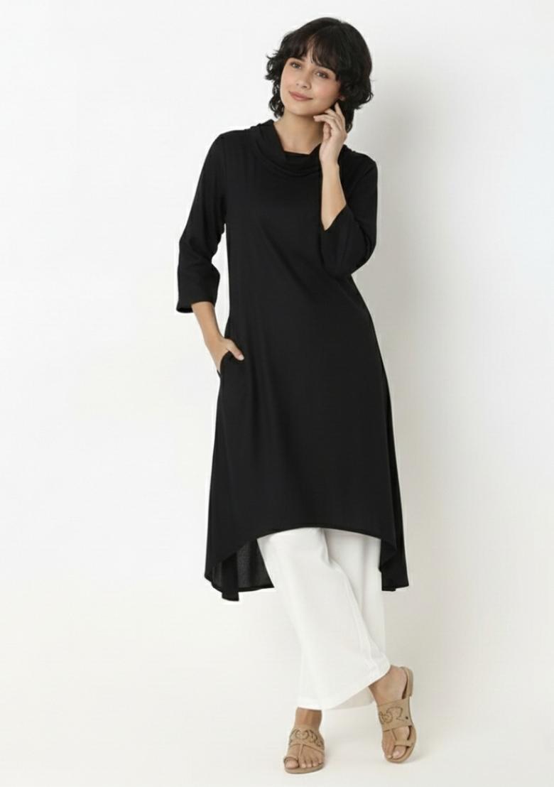 Black Machine Embroidery Rayon Kurta Set - Indya
