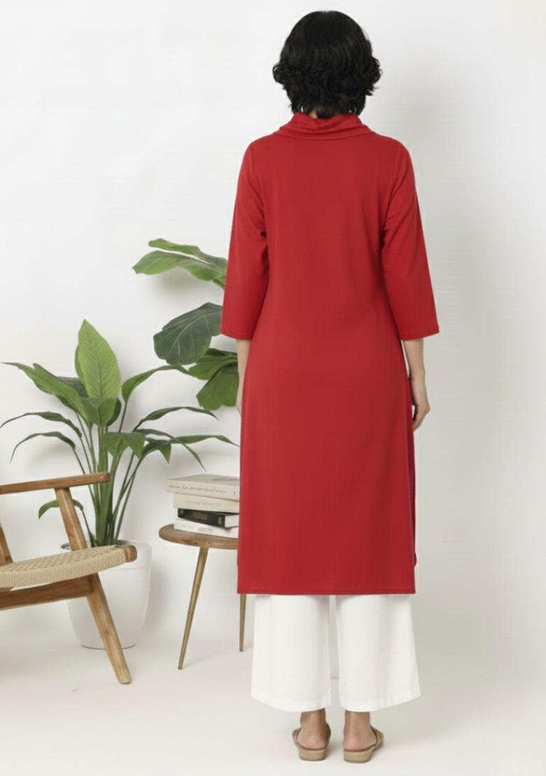 Red Machine Embroidery Rayon Kurta Set - Indya