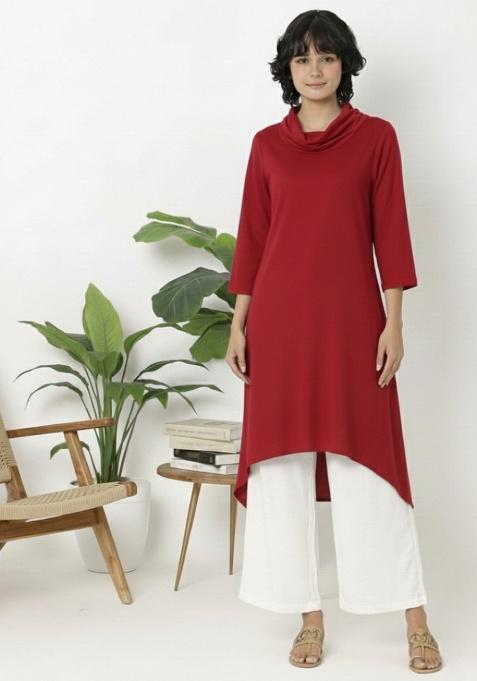 Red Machine Embroidery Rayon Kurta Set