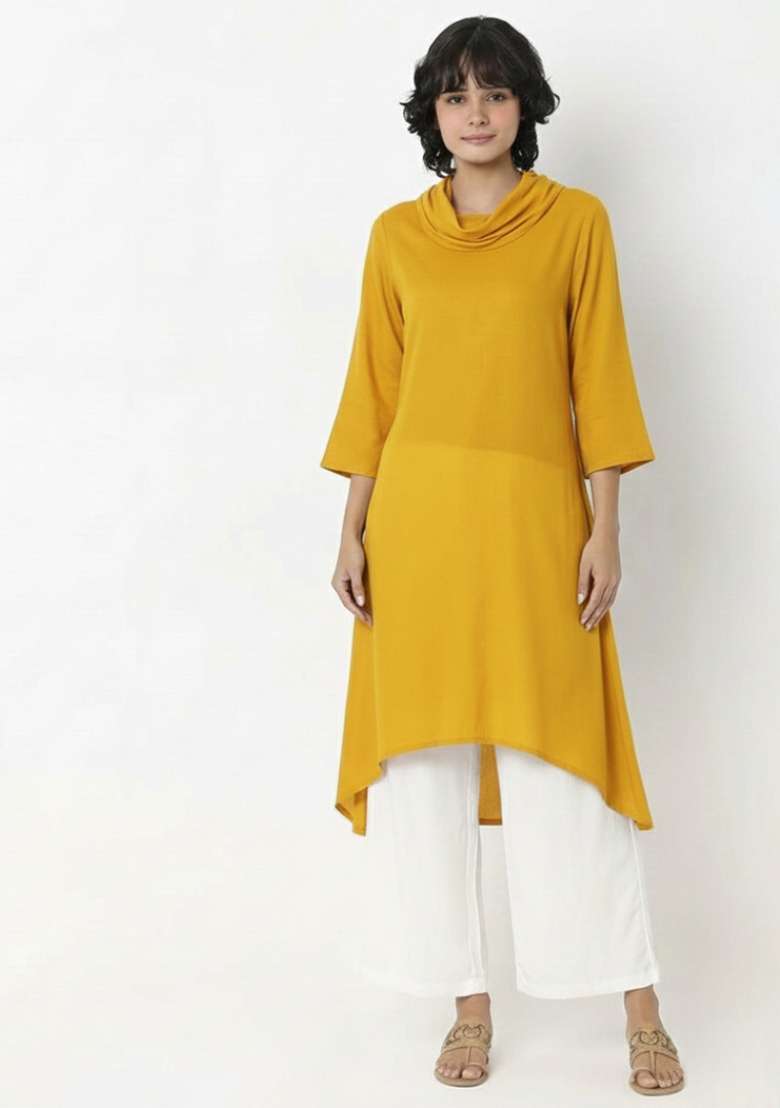Yellow Solid Rayon Kurta Set - Indya