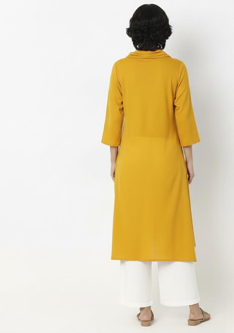 Yellow Machine Embroidery Rayon Kurta Set - Indya