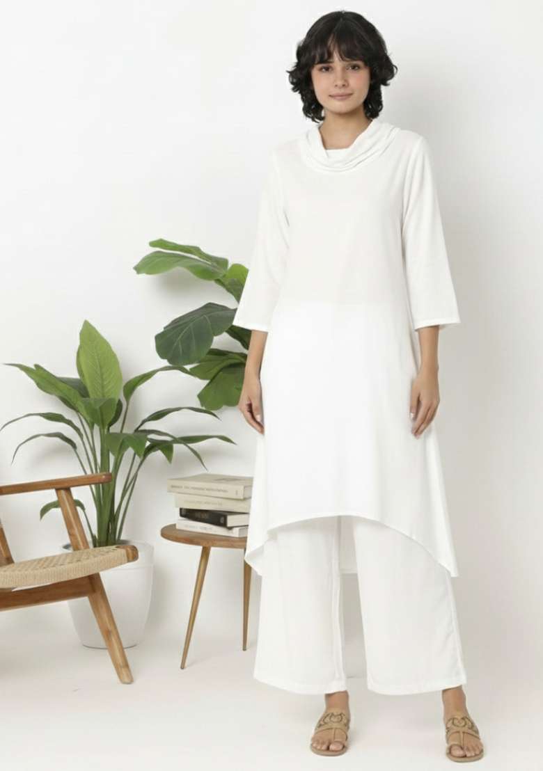 White Solid Rayon Co Ord Set - Indya