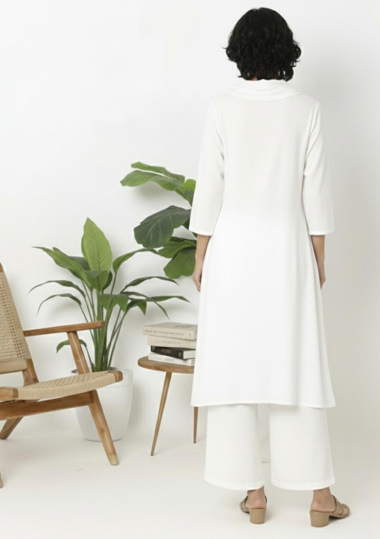 White Machine Embroidery Rayon Kurta Set - Indya