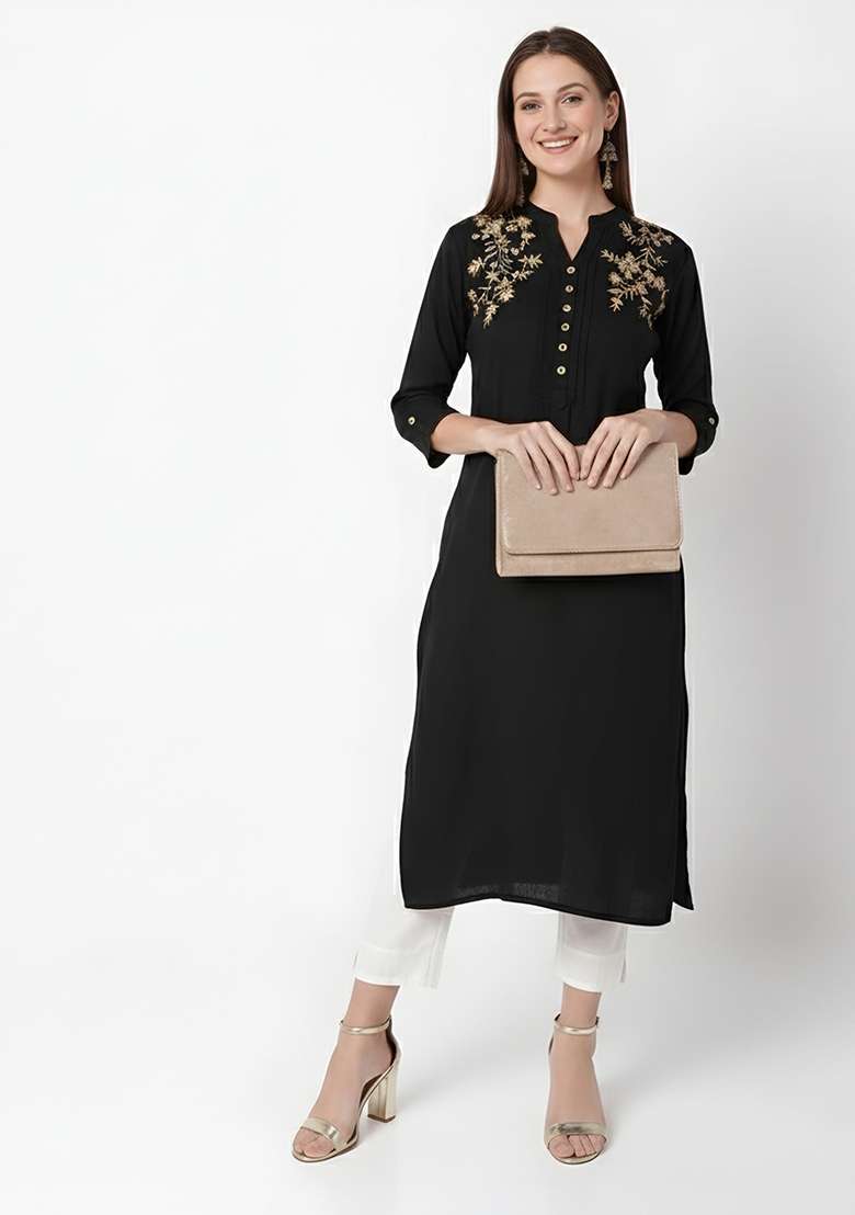 Black Embroidered Rayon Kurta Set - Indya