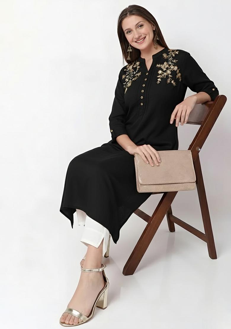 Black Machine Embroidery Rayon Kurta Set - Indya
