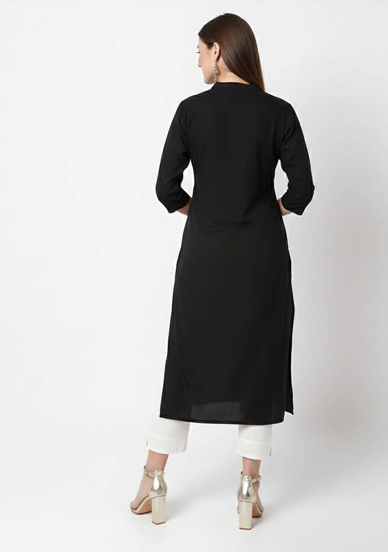 Black Embroidered Rayon Kurta Set - Indya