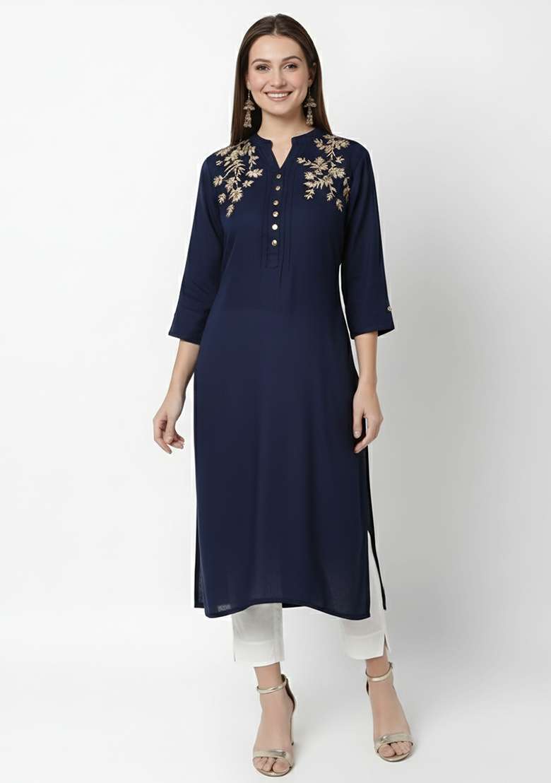 Navy Embroidered Rayon Kurta Set - Indya