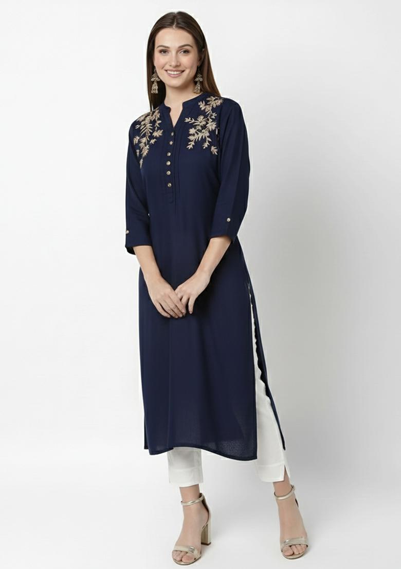 Navy Machine Embroidery Rayon Kurta Set - Indya