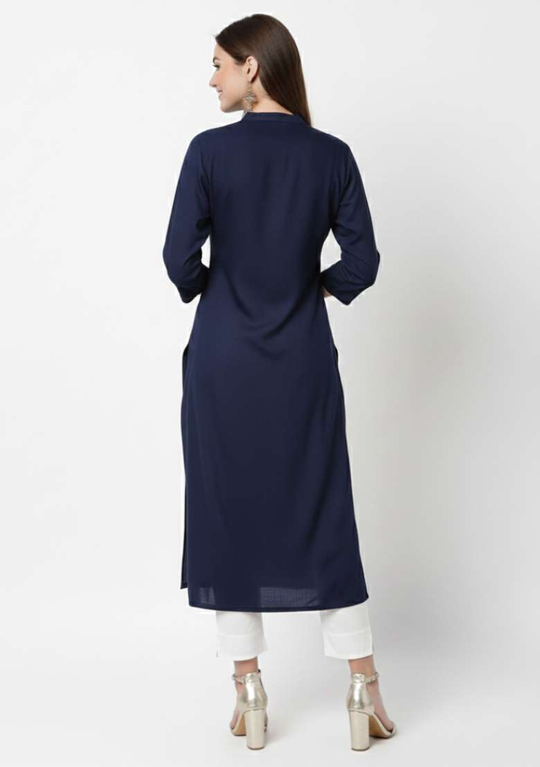 Navy Embroidered Rayon Kurta Set - Indya