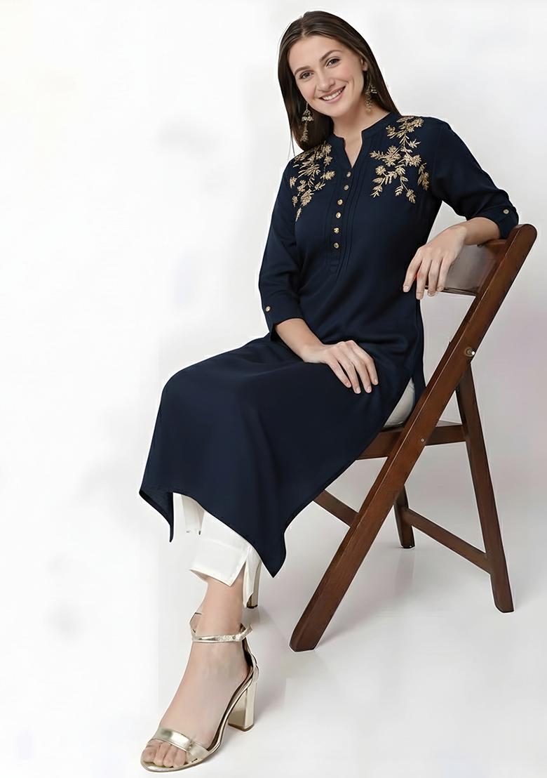 Navy Machine Embroidery Rayon Kurta Set - Indya