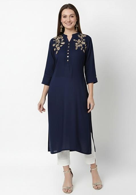 Navy Machine Embroidery Rayon Kurta Set