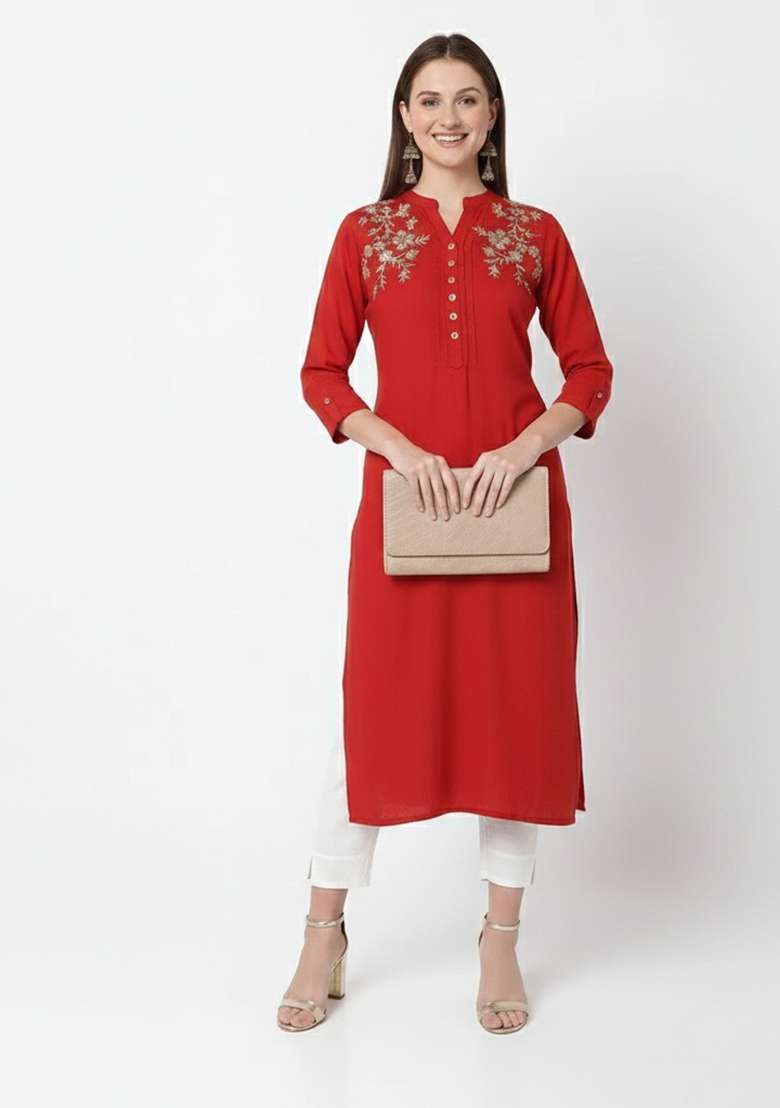 Red Embroidered Rayon Kurta Set - Indya
