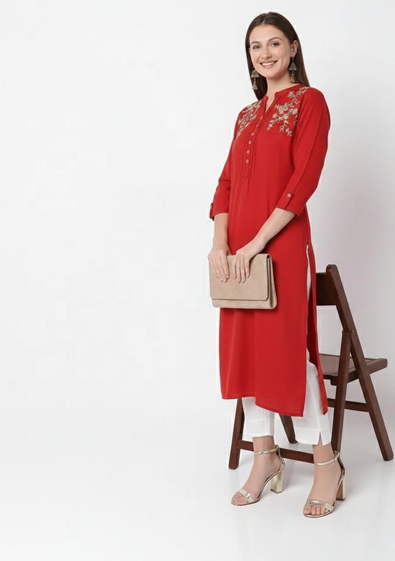 Red Machine Embroidery Rayon Kurta Set - Indya