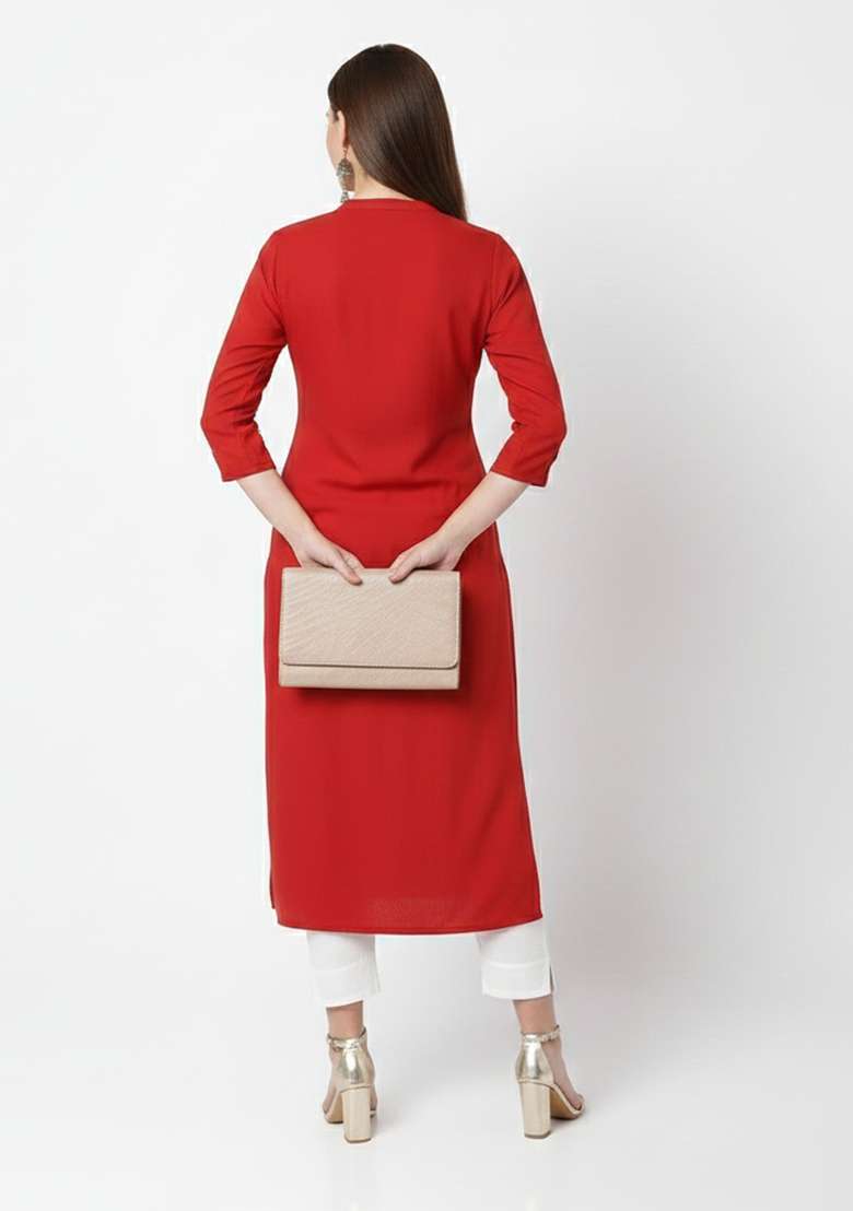 Red Embroidered Rayon Kurta Set - Indya